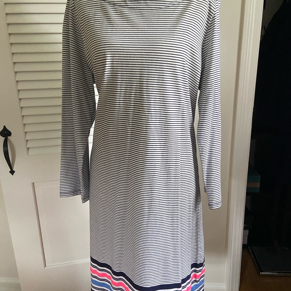 Lilly Pulitzer Navy and White Striped Midi Dress with Pink Accent